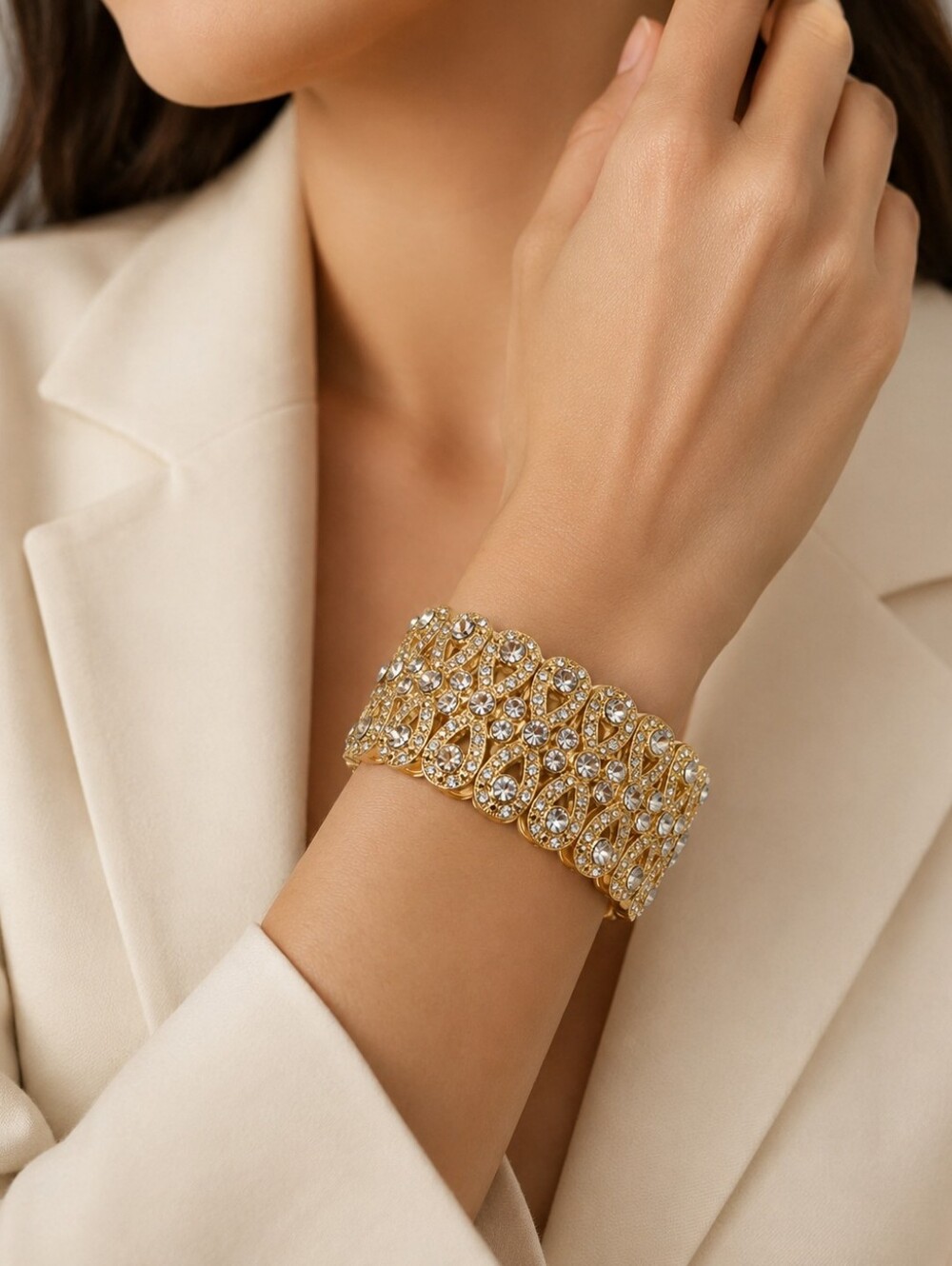 Gold Crystal Wide Statement Bracelet